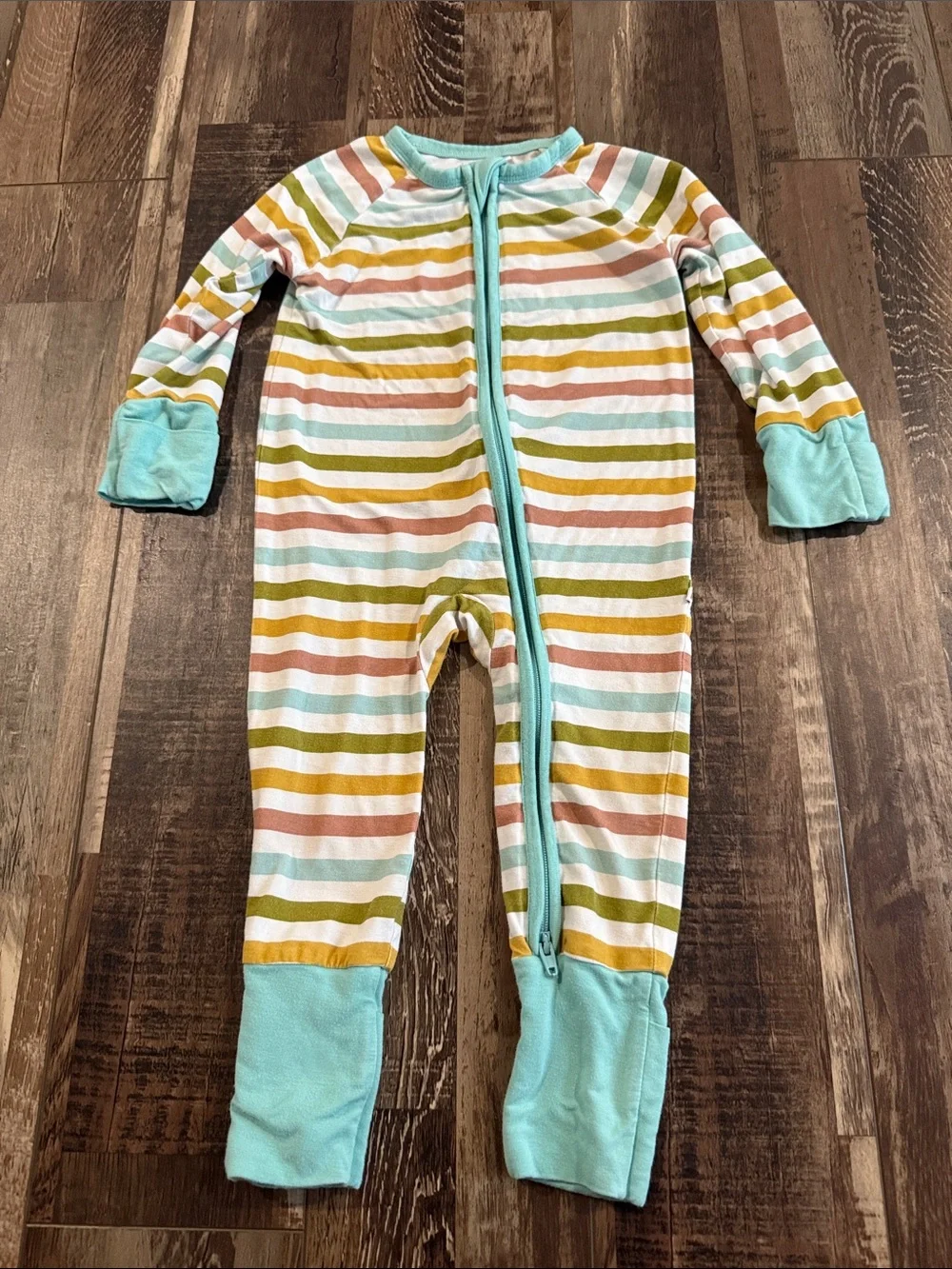 Pastel Striped Kids Footie One-Piece with Mint Trim - Picture 1 of 2